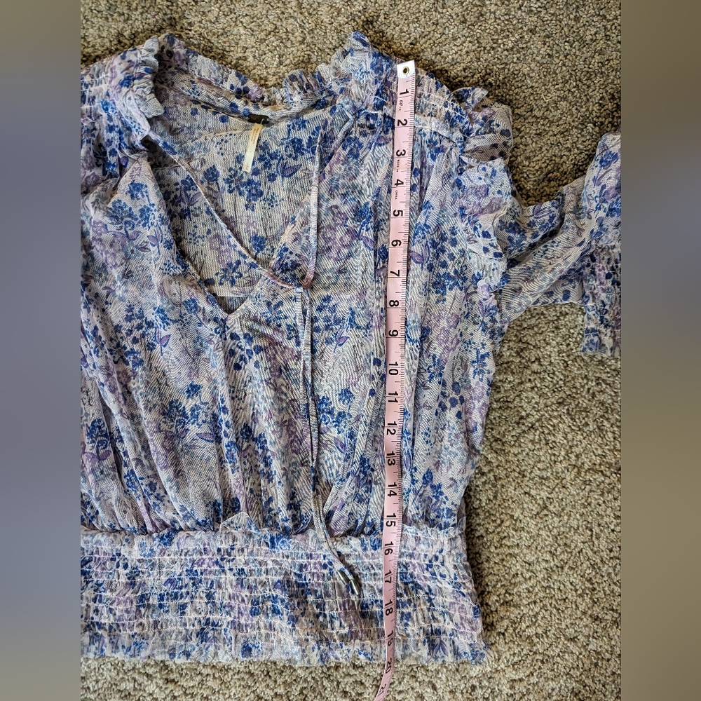 Free People Twyla Floral Lilac Long Sleeve Shirt Size Large Boho Cuffed Tie - Picture 12 of 12